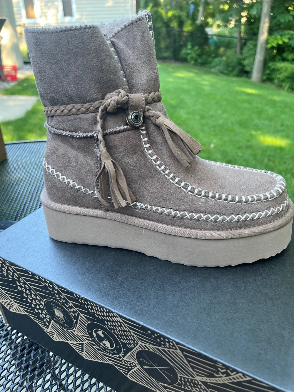 ShuShop Taupe Suede Braided Tassel Platform Ankle Boots